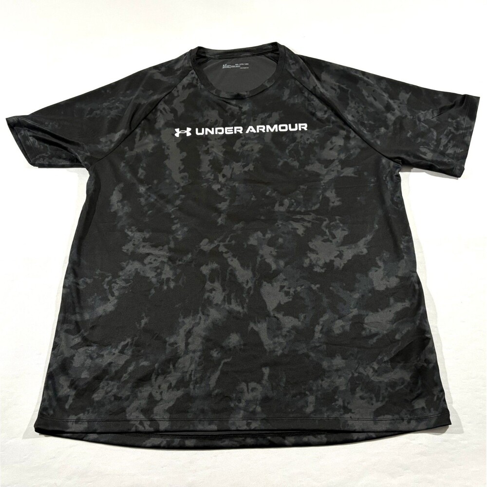 Under Armour Tech ABC Camo T-Shirt Mens Black Gray HeatGear Loose Fit Tee Sz 2XL